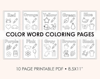 Páginas para colorir | 10 palavras para colorir + 11 formas | Divertido e educativo | Aprendizagem infantil | Atividade para a pré-escola | Download em PDF 8,5x11”