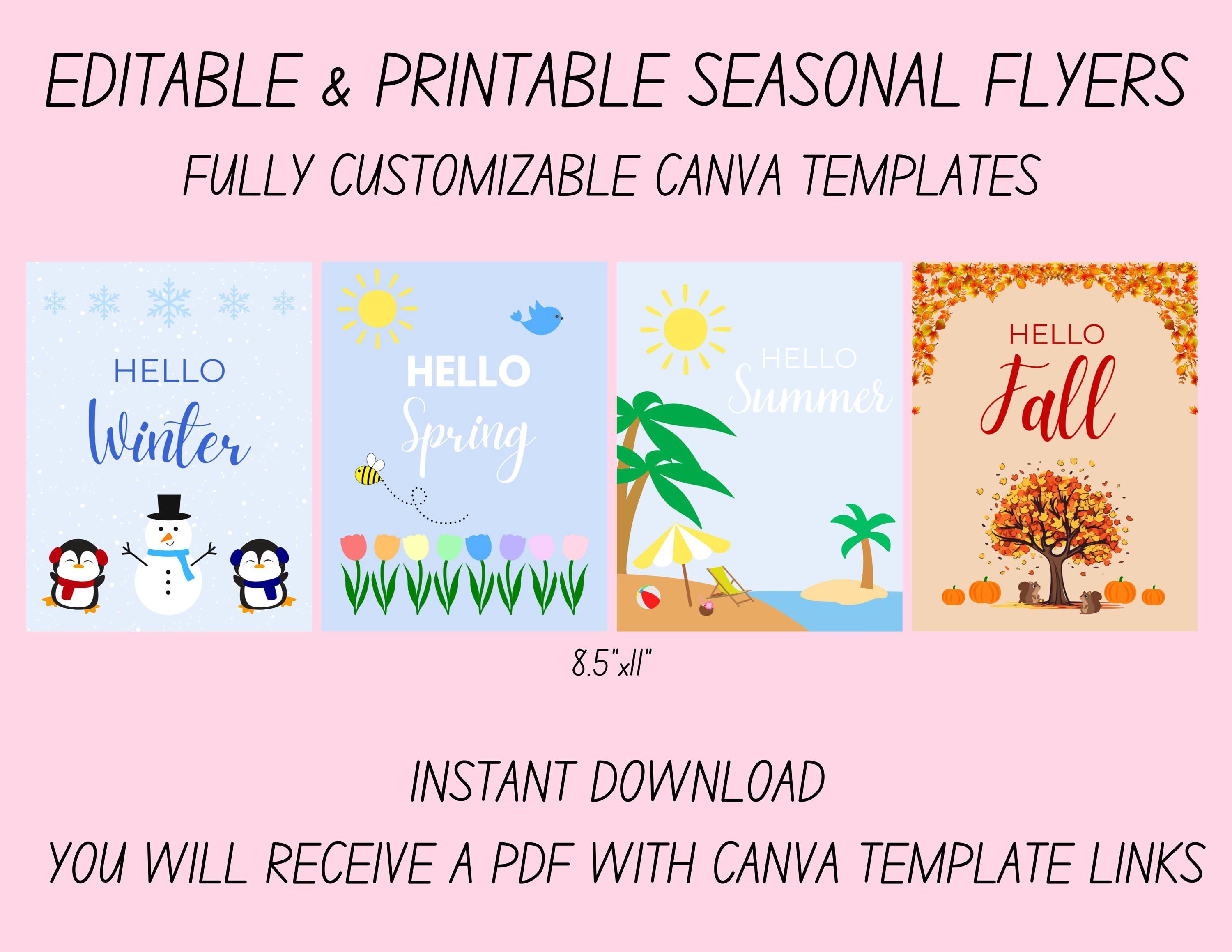 Seasonal Canva Template Bundle - Editable Hello Spring, Summer, Fall ...