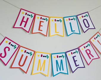 Hello Summer Banner Printable – 8.5x11 PDF, 5x7 Inch Flags, Ready To Print, Summer Party Decoration, Instant Download, Bright & Colorful