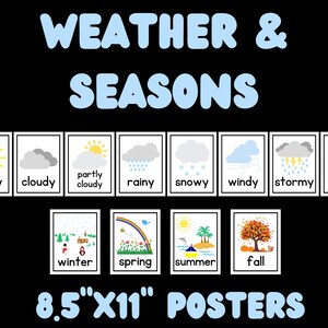 Afdrukbare posters weer en seizoenen | Volledige pagina: 8,5 x 11 inch | Klaslokaal- en thuisschooldecor | Flashcards voor vroeg leren | Pdf direct downloaden
