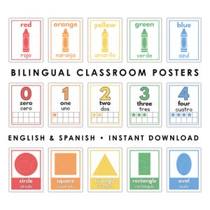 May include: A set of bilingual classroom posters featuring English and Spanish text. The posters display colors with crayon illustrations, numbers from zero to four with ten-frame counting grids, and basic geometric shapes including circles and squares.