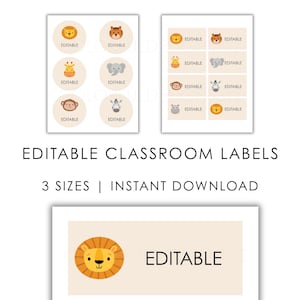 May include: Editable classroom labels with animal illustrations, such as a lion, tiger, giraffe, elephant, monkey, and zebra. The labels are available in three sizes and are an instant download.
