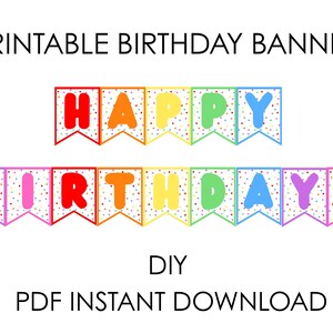 Banner de feliz cumpleaños imprimible - Decoración de fiesta de arcoíris con lunares - Banner de cumpleaños colorido DIY - Banner digital de descarga instantánea en PDF
