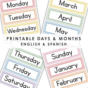 May include: A set of printable labels featuring the days of the week and months of the year in English and Spanish. Each rectangular label has a colourful gingham border and black text. The text reads: PRINTABLE DAYS & MONTHS ENGLISH & SPANISH.