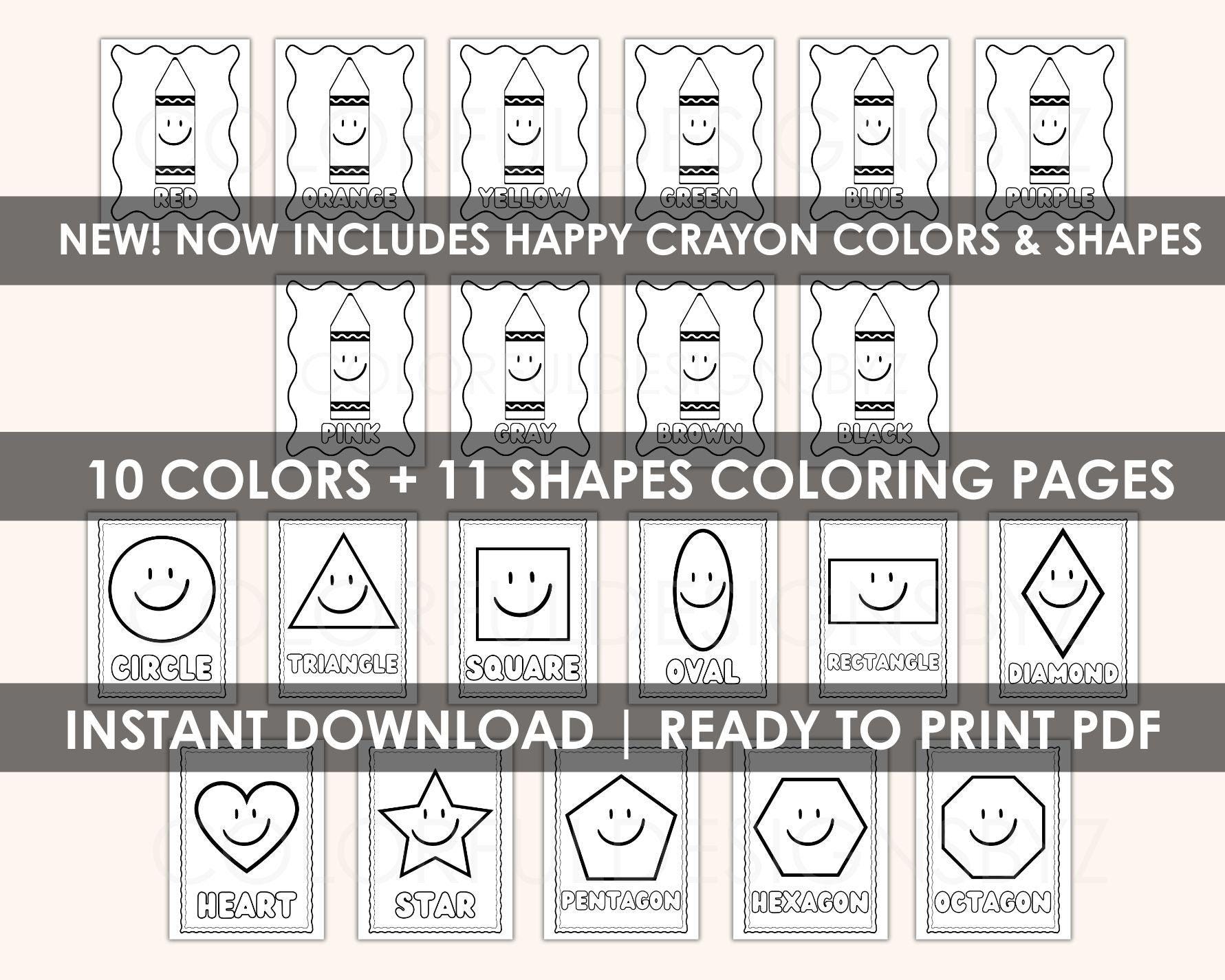 Coloring Pages Printable | 10 Color Words + 11 Shapes | Fun and ...