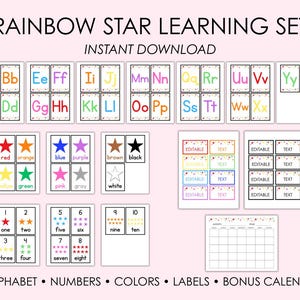 Flashcards Rainbow Star + Etichette modificabili – Alfabeto, numeri, colori – PDF stampabili 3x5 – Calendario bonus – Download immediato