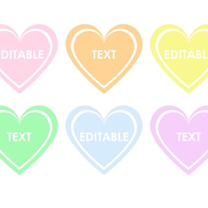 Corações Pastel para Imprimir - Tamanhos 3", 4", 5" - Etiquetas, decorações, artesanatos e cartões editáveis para o Dia dos Namorados - 6 cores - Download digital
