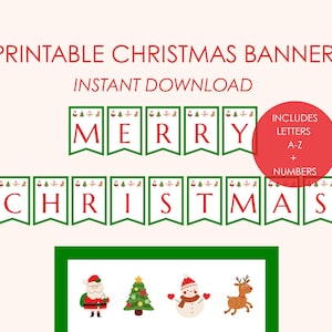 Weihnachtsbanner Printable | Merry Christmas Girlande A–Z Buchstaben, Zahlen, Satzzeichen + Bonus-Wimpel | Niedliche Weihnachten | PDF Sofortdownload
