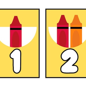 Números de giz de cera 1-10 para imprimir | Exibição pré-escolar | Aprendizagem precoce | Cartões fofos de caixa de giz de cera | Decoração colorida para sala de aula | Download em PDF