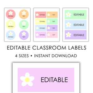 Op de afbeelding: Een verzameling bewerkbare klaslabeletiketten in pastelkleuren, waaronder roze, geel, blauw en paars. Elk label heeft een madeliefjesafbeelding en de woorden "EDITABLE" of "TEXT". De afbeelding bevat ook de tekst "EDITABLE CLASSROOM LABELS" en "4 SIZES • INSTANT DOWNLOAD".