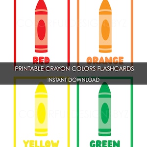 Peut inclure: Quatre cartes flash de couleurs de crayons : rouge, orange, jaune et vert. Chaque crayon est dans un cadre de couleur assortie avec le nom de la couleur en dessous. Le texte "PRINTABLE CRAYON COLORS FLASHCARDS" et "INSTANT DOWNLOAD" sont également visibles.