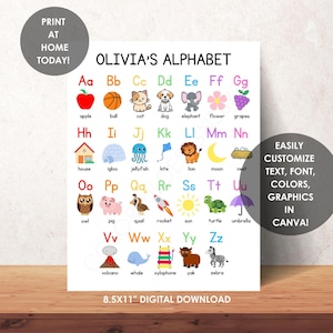 Editable Alphabet Poster | Printable ABC Chart | Canva Template | Preschool & Homeschool Learning | 8.5"x11" PDF Instant Download