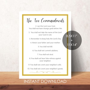 Könnte beinhalten: Gerahmter Druck der Zehn Gebote, Text in schwarzer Schrift auf weißem Hintergrund, umrahmt von einem goldenen Rand. Der Druck ist in den Größen 21,6 x 27,9 cm und 27,9 x 35,6 cm erhältlich. Die Worte "INSTANT DOWNLOAD" stehen unten.