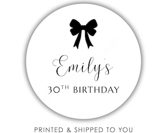 Personalized Party Favor Stickers | 2" Round Birthday Bridal Shower Any Occasion Sticker Sheets | Set of 40 | Black Bow Design