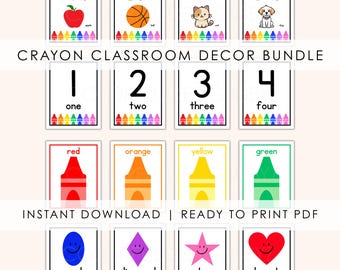 Crayon Classroom Decor Bundle | Printable Alphabet, Numbers, Colors, Shapes Posters | Editable Classroom Labels & Signs | PDF + PPT Download