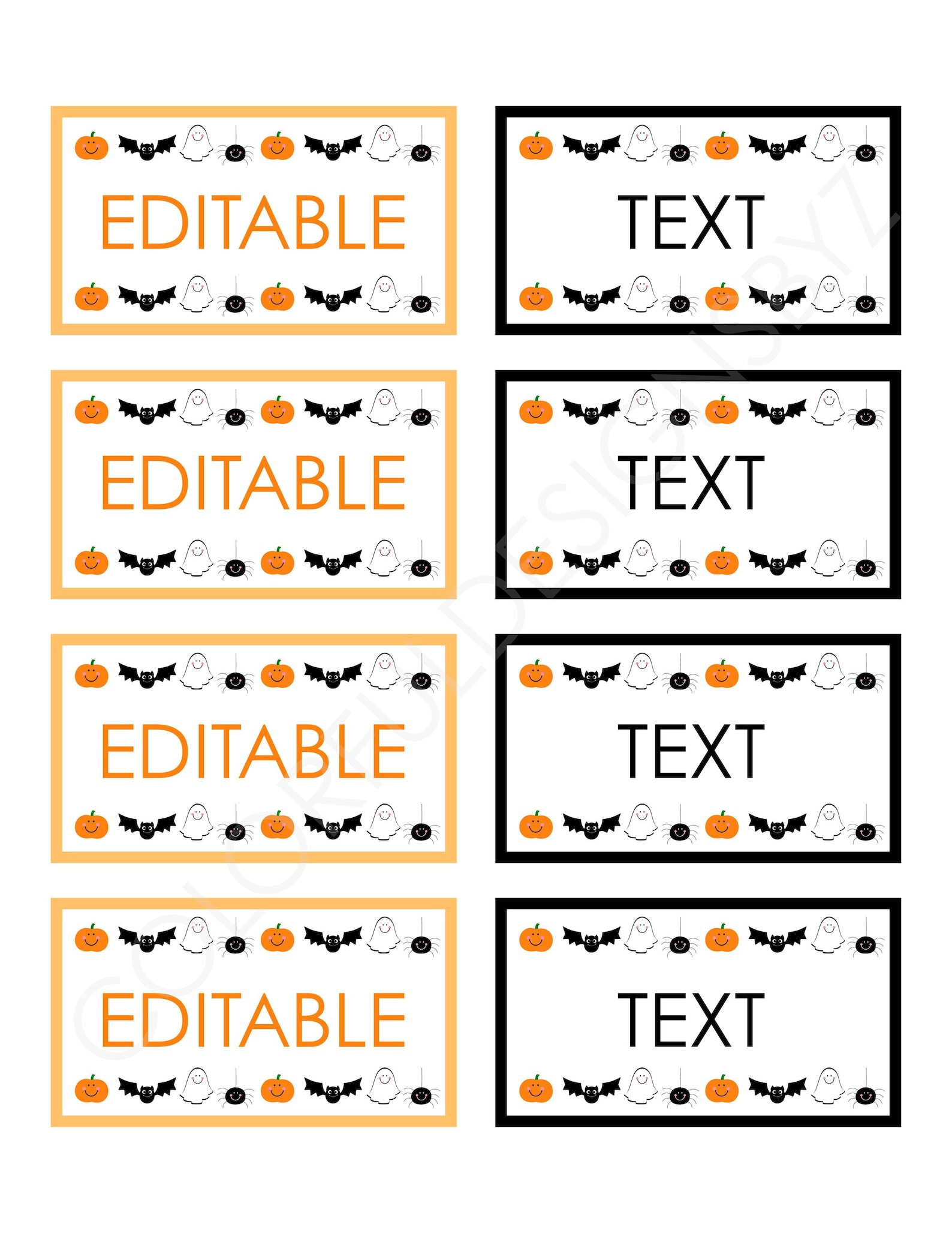 A Low Border of Tiny Halloween Motifs Editable rectangular Halloween name-label previews with ghosts, bats, pumpkins and small icons.