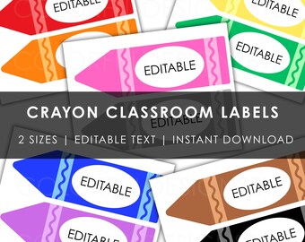 Crayon Name Labels Printable & Editable – 2 Sizes – Bright + Pastel – 11 Colors – Classroom Decor – PDF + PowerPoint – Instant Download