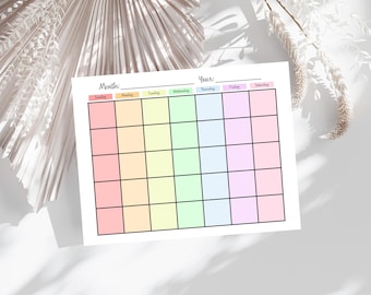 Pastel Rainbow Undated Monthly Calendar Printable – Sunday & Monday Start PDF Bundle with White and Black Grid