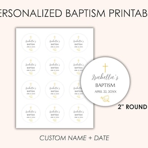 Étiquettes imprimables personnalisées de baptême - Stickers ronds de 2 pouces - Étiquettes de faveur de baptême catholique - Nom et date personnalisés - Téléchargement numérique PDF