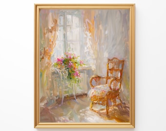 Printable Wall Art - Impressionistic Sunny Room with Flowers - Pastel Palette, Serene Elegance - Digital Print