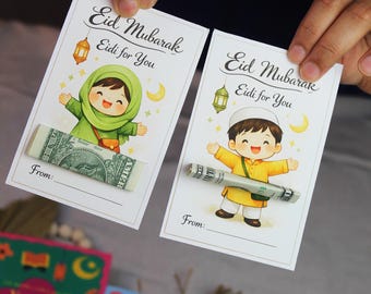 Set of 6 Kids Eid Greeting Cards For Eidi with Cash Slot | A2 Envelope Included | Eid Mubarak Greeting Card | Eidi Envelope Alternative