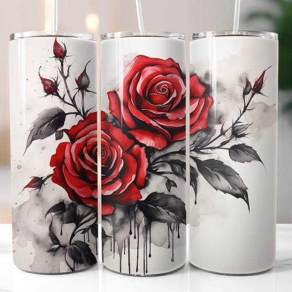 Red Roses Tattoo Ink Style Tumbler Art Tumbler Sublimation Design 20oz Tumbler Design Full Tumbler Wrap Full Tumbler Design