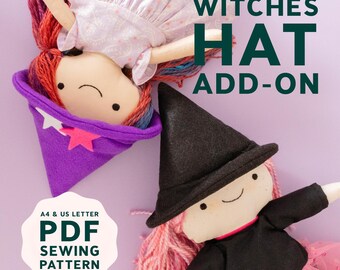 PDF布製人形魔女帽子縫製パターン追加、フルカラー説明書、無料ビデオチュートリアル、人形アクセサリー縫製パターン、布製人形