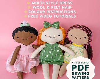 May include: Three 11-inch cloth dolls with different hair colours and outfits. The dolls are wearing a pink dress, a green dress with white flowers, and a yellow dress with white flowers. The dolls are sitting on a pink background. The text "A4 & US LETTER PDF SEWING PATTERN" is in the bottom right corner of the image.