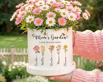 Custom Birth Flower Pot for Mom, Personalized Mother's Day Gift from Daughter, Family Birth Month Planter, Mom's Garden Indoor Ceramic Pot