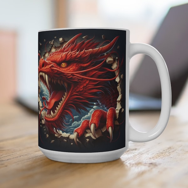 Chinese Dragon Mug Gift for Dragon Lover, Red Chinese Dragon Print Mug, Flying Dragon Oversized Coffee Mug, Bearded Dragon Mug, 15 oz