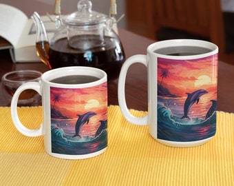 Blue Dolphin Mug, Cute Dolphin Gift, Neon Coast Sunset Mug, Beautiful Sunset Present, Beach Sunset Gift for Him or Her, 11 or 15 oz mugs