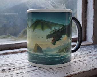 Ancient Green Dragon Mug, Flying Dragon Print Gift, Forest Dragon Heat Activation Color Changing Color Morphing Magic Mug, 11 oz