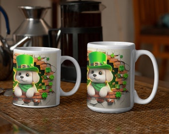 Cute Puppy Mug, Cute Dog Mug, Boys Saint Patrick's Day gift, St. Patrick's Gift for Girls, Clover Lucky Present for Dog Owner  - 11 or 15 oz
