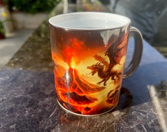 Fire Dragon Color Changing Magic Mug, Dragon Flying Over Volcano, Red Magma Dragon Art Heat Activation Black Mug, Dragon Over Lava, 11 oz