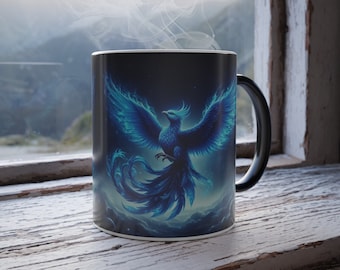 Blue Phoenix Magic Mug, Color Change Mug Phoenix Design, Artistic Phoenix Soaring in Clouds, Fantasy Creature Cup, Color Changing Mug, 11 oz