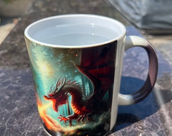 Black Dragon Breathing Fire Color Morphing Magic Mug, Chaos Dragon Burning Forest Heat Activation Cup, 11 oz Ceramic Coffee or Tea Mug
