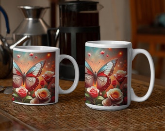 Butterfly Pink Rose Mug, Butterflies Red Roses Mug, Floating Flower Art Cup Gift for Him, Rose Gift for Her, Cute Romantic Gift for Spouse