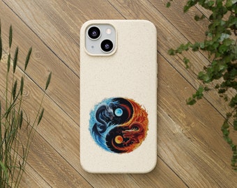 Yin and Yang Dragon Phone Case, Frost and Fire Dragon Phone Case, Sun and Moon Dragon Biodegradable Bamboo Phone Case, for iPhone/Samsung