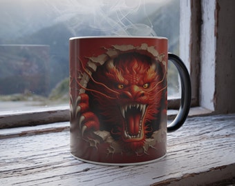 Red Chinese Dragon Mug, Heat Activation Chinese Magic Mug for Tea Lover, Color Changing Dragon, Artistic Dragon Design, 11 oz Coffee Cup