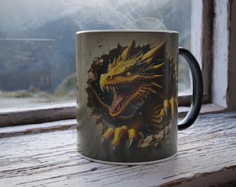 Gold Dragon Magic Mug, Dragon Climbing Out of Hole in Wall Color Changing Mug, Dragon Tearing Through Wall Heat Activation Mug, 11 oz