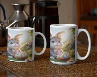 Easter Flower Wreath Bunny Mug, Autumn Rabbit Autumn Flower Wreath Cute Gift for Kids, Artful Tea Mug, Adorable Mug for Coffee, 11 & 15 oz