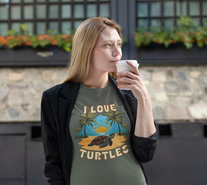 Artful Sea Turtle Lover Shirt, Reptile sea creature gift, Save the turtles, Sustainable, Eco-Friendly, I Love Turtles, Terrapin, Unisex Heather Military Green