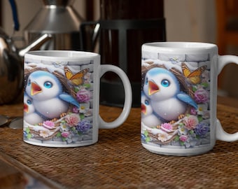 Baby Birds Mug, Cute Avian Creatures Floral Butterfly Mug, Blue Birds Chirping, Adorable Baby Birds Hungry For Food, 11 or 15 oz mug