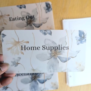 Op de afbeelding: Transparante plastic kaarten met bloemmotieven en tekst. De kaarten lezen "Eating Out", "Home Supplies" en "Miscellaneous". Het bloemmotief heeft lichtblauwe en beige bloemen.