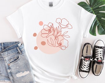 Simple Flower Shirt, Modern Minimalist Shirt, Pink Floral Tee, Simple Line Shirt