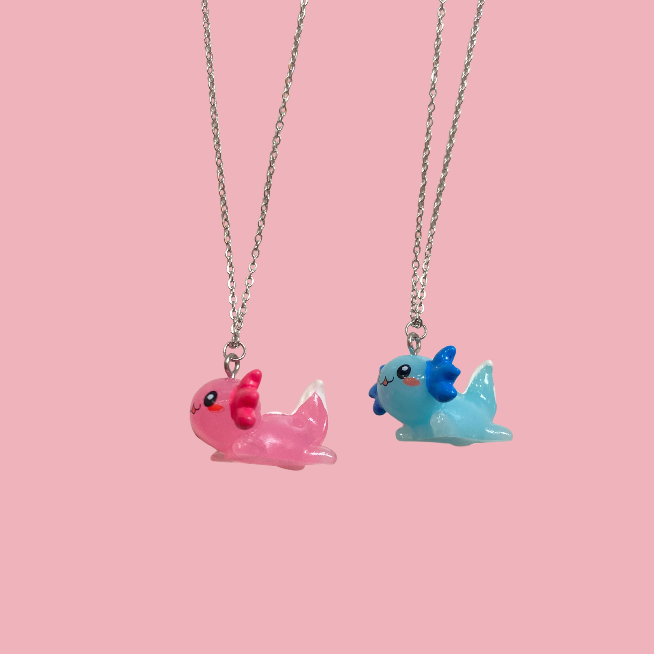 GNOCE Cute Mexican Axolotl & Pink Heart Pendants Necklace Set - 2 Piece Brass Jewelry For Women, Teens, Valentine's Day Gift