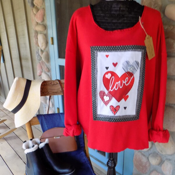 women's tops, women's clothes, sweatershirt, upcycled garment, OOAK, Hearts, hand sewn embellished garment, warm and cozy