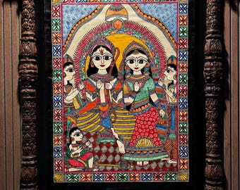 Handcrafted Madhubani Art with Ornate Wooden Frame | Traditional Indian Folk Painting | Wall Art Decor
