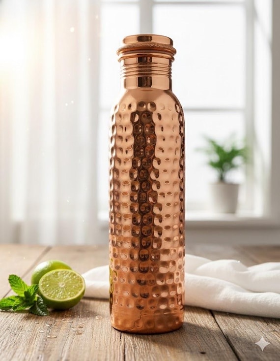 100% Pure Hammered Copper Water Bottle | Ayurvedic Bottle | Handmade Leak-Proof Vessel |  Health & Wellness Gift