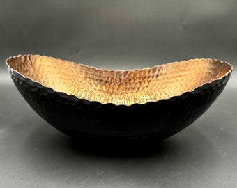 Hammered Metal Decorative Bowl – Black & Rose Gold Centerpiece – Oval Modern Accent